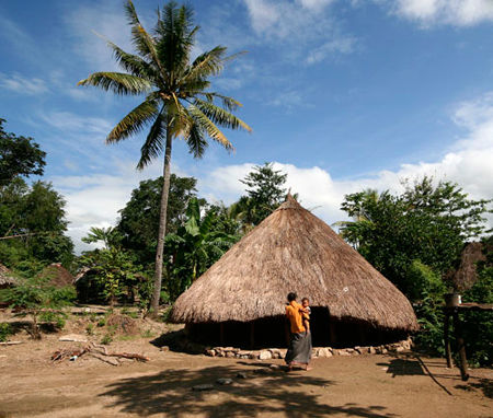 Woman and traditional house