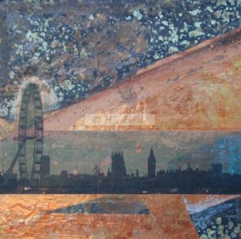 London Skyline 35 x 35 cm mixed media on copper and board