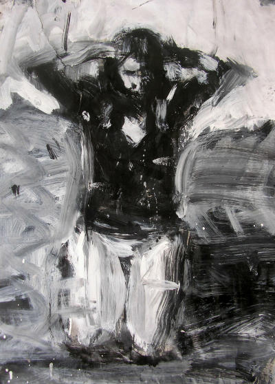 'Rebecca Kneeling'. 83.5 x 59 cm.
Ink, acrylic and emulsion on paper.