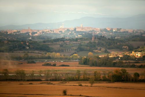 Distant view of Siena in the evening light