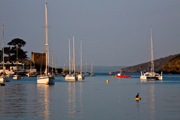 Moored boats at Polruan, lit by the morning sun