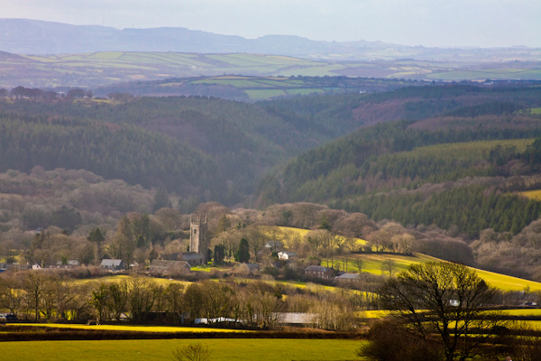 Looking southwest from Bury Castle towards Bodmin, with the village of Cardinham in the foreground