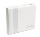 Chaucer Soft padded white leather album with silver ribbon down the left hand side and Wedding blocked in silver in the bottom right hand corner.